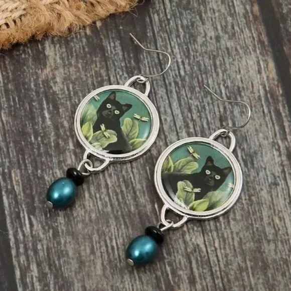 Black Cat Dragonfly Earrings Nature Boho Dangle Teal Bead Animal Lover Earrings - Picture 5 of 10